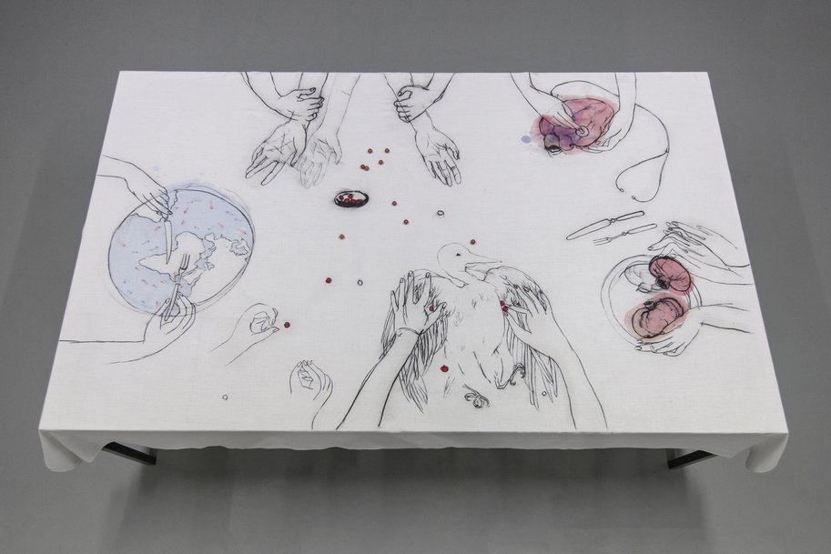 Anatomy of Anonymity, drawing on table cloth, 122 × 200 cm, 2015